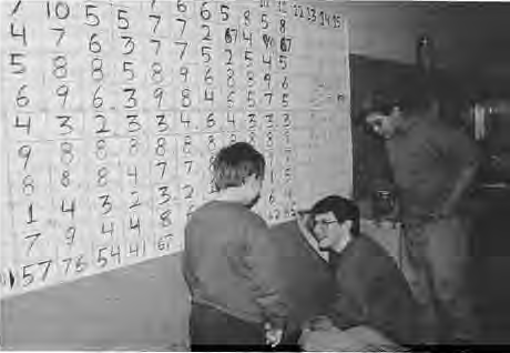 Jeff and Jeremy Schoenfeld and Will Freeman handling scorekeeping and answer sheets under King and Dee Schoenfeld’s supervision. Photo by King Schoenfeld.