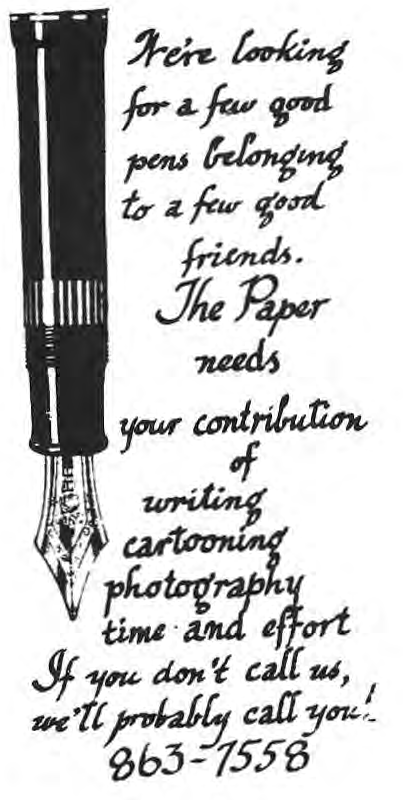 Original fountain-pen illustration and appeal for contributions to The Paper.