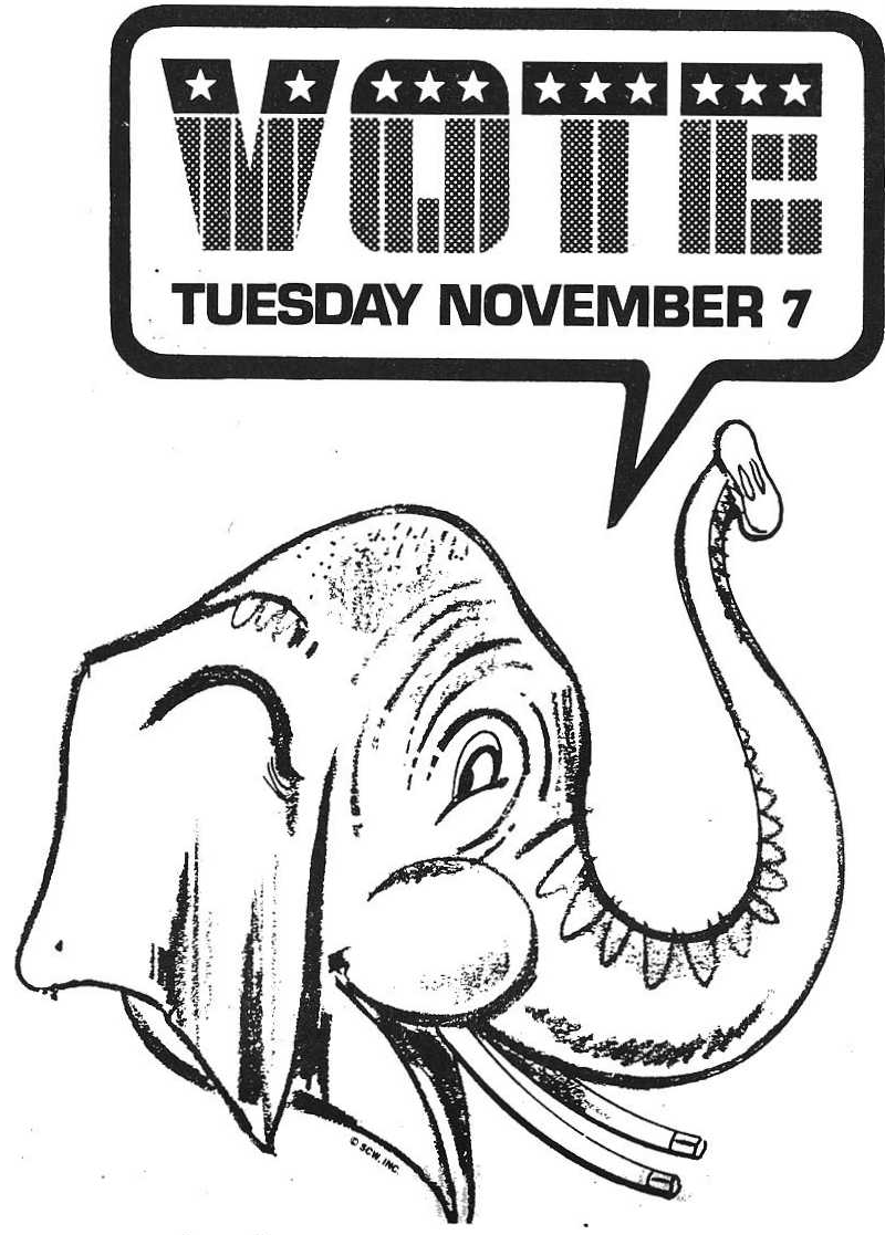 Original elephant illustration urging readers to vote Tuesday November 7.