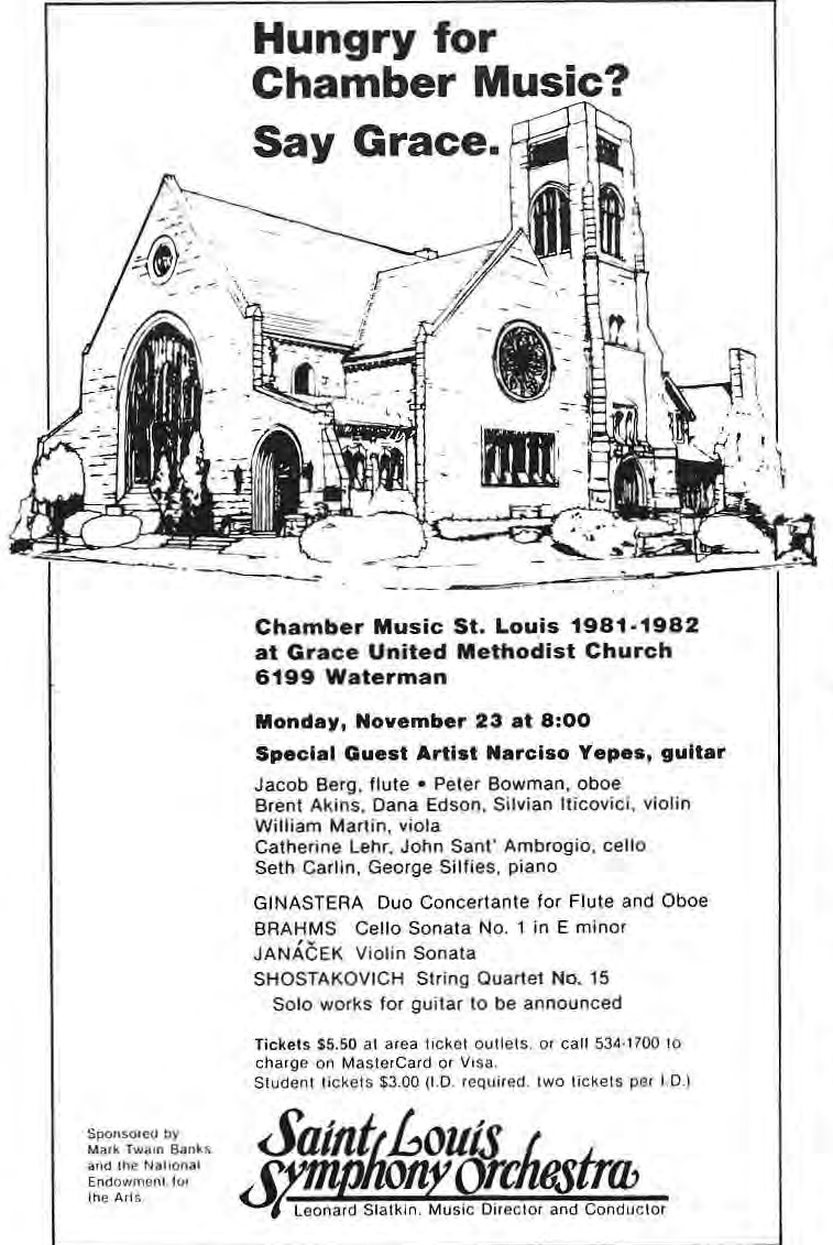 Original concert program with Grace Church drawing, performers and works.