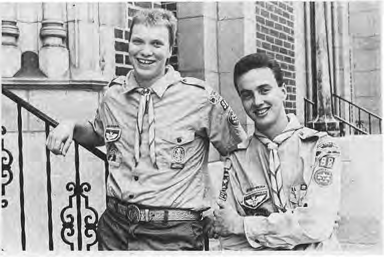 Kalon Scott and Matthew J. Falk in Scout uniforms.