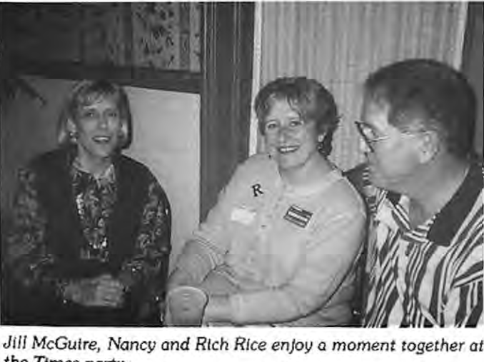 Jill McGuire,Nancy and Rich Rice enjoy a moment together at the Times party. Photographer not credited.