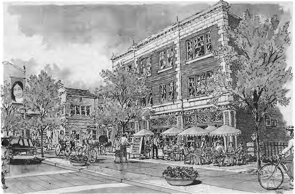 Delmar streetscape rendering west of station, planned 2003 sidewalk, landscape and lighting improvements. Original source rendering; artist not credited.