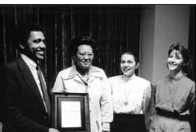 Jim Mc Leod with Esther Herron, Karleen Hoerr and Nancy Farmer. Caption source spells Mc Cleod; descriptive spelling follows article subject.
