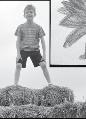 Child on hay bales accompanying Kids Corner. No printed name inferred.
