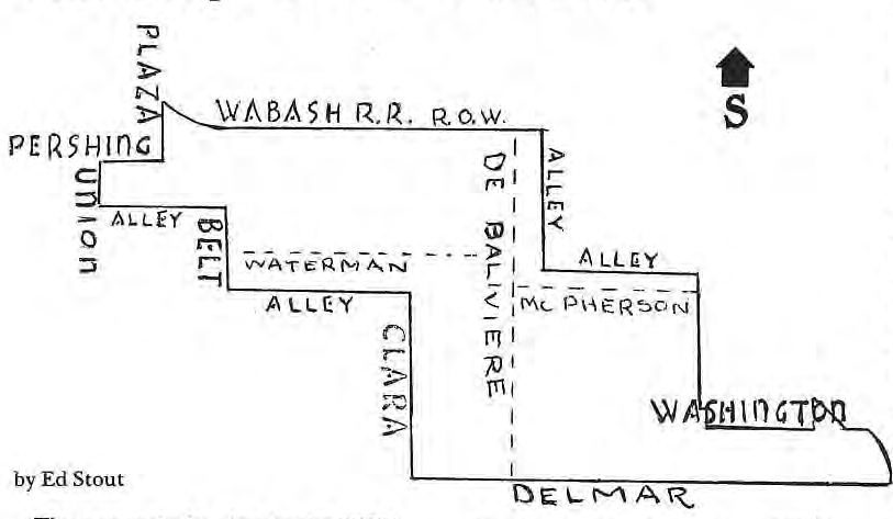 Original hand-drawn street-boundary sketch of the redevelopment area.