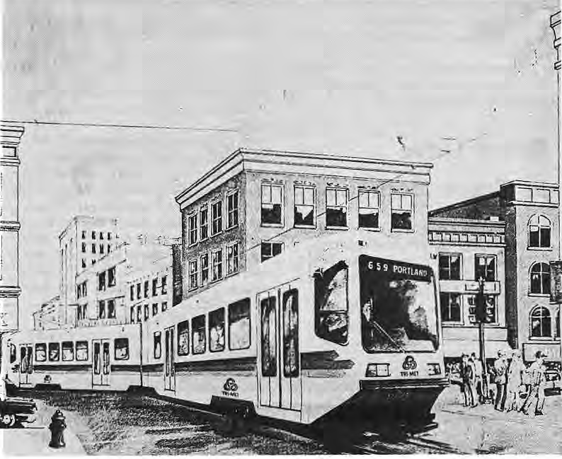 Light-rail vehicle illustration reproduced with the 1983 transit proposal.