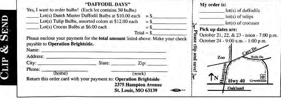Original Operation Brightside Daffodil Days order card and Forest Park Greenhouse pickup map. Historical1992form.