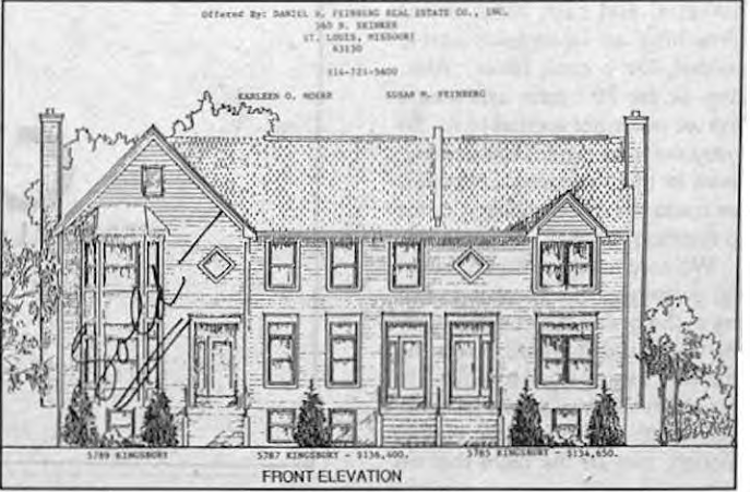 Front elevation of new Kingsbury Square townhomes. Original architectural drawing;individual credit not independently established.