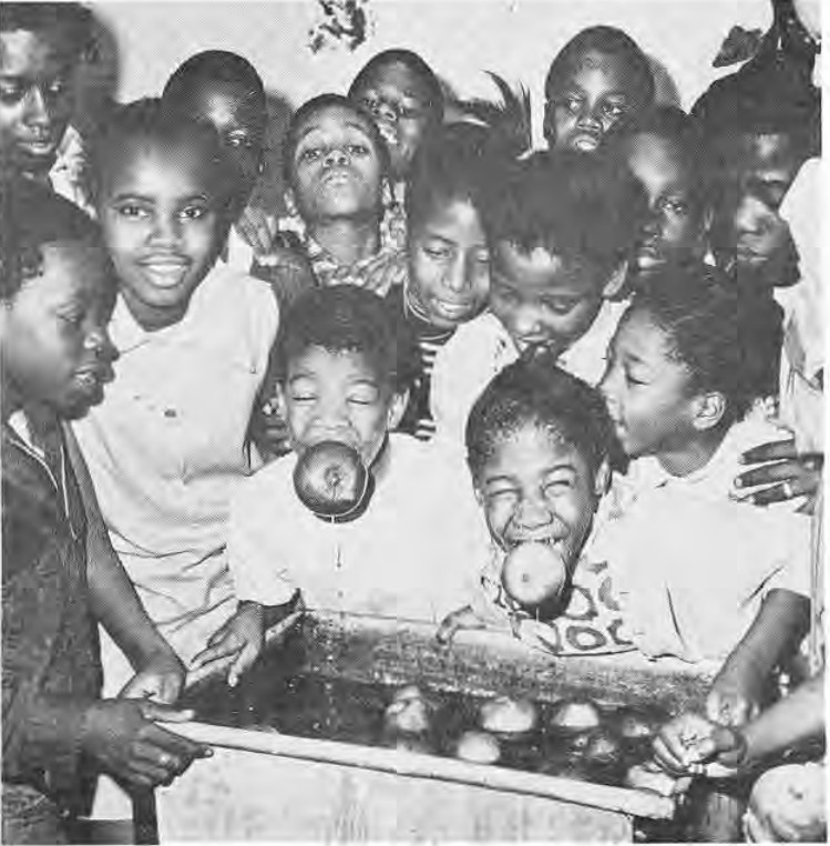 Children bobbing for apples at the DesPeres Branch Library opening
