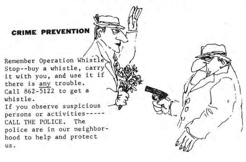 Original illustrated crime-prevention notice with two cartoon figures and the printed reminder.