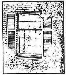 Original line drawing of a brick wall and shuttered window.