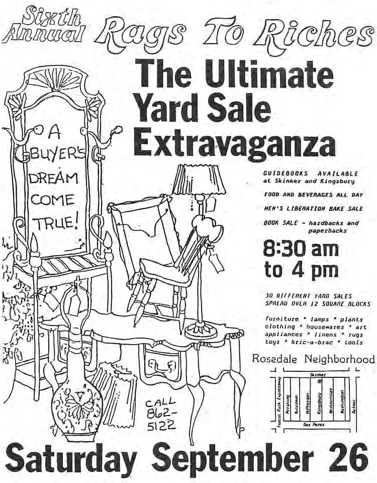 Original yard-sale poster with a shopper and household goods.