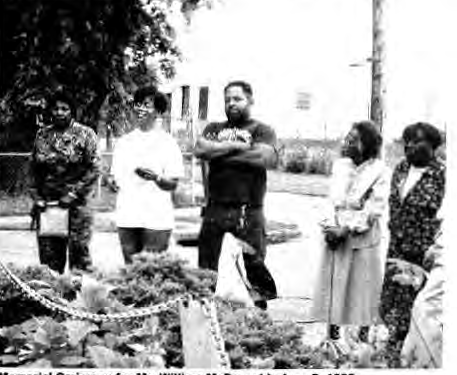 Memorial ceremony June5, 1992: from left Marie McReynolds, Sheryl Davenport, Joseph Davenport, Mrs. Austin, a neighbor. Photographer not credited.
