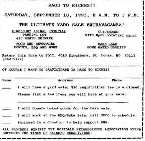 Original Rags to Riches registration flyer and form. Historical1993notice.