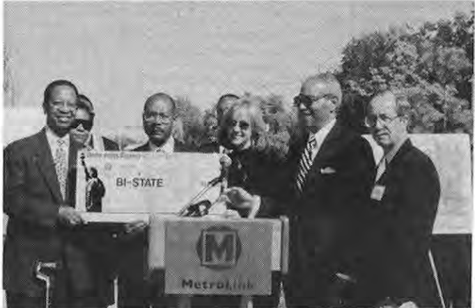 Officials at announcement of Delmar improvements. Photo courtesy Bi-State Arts in Transit.