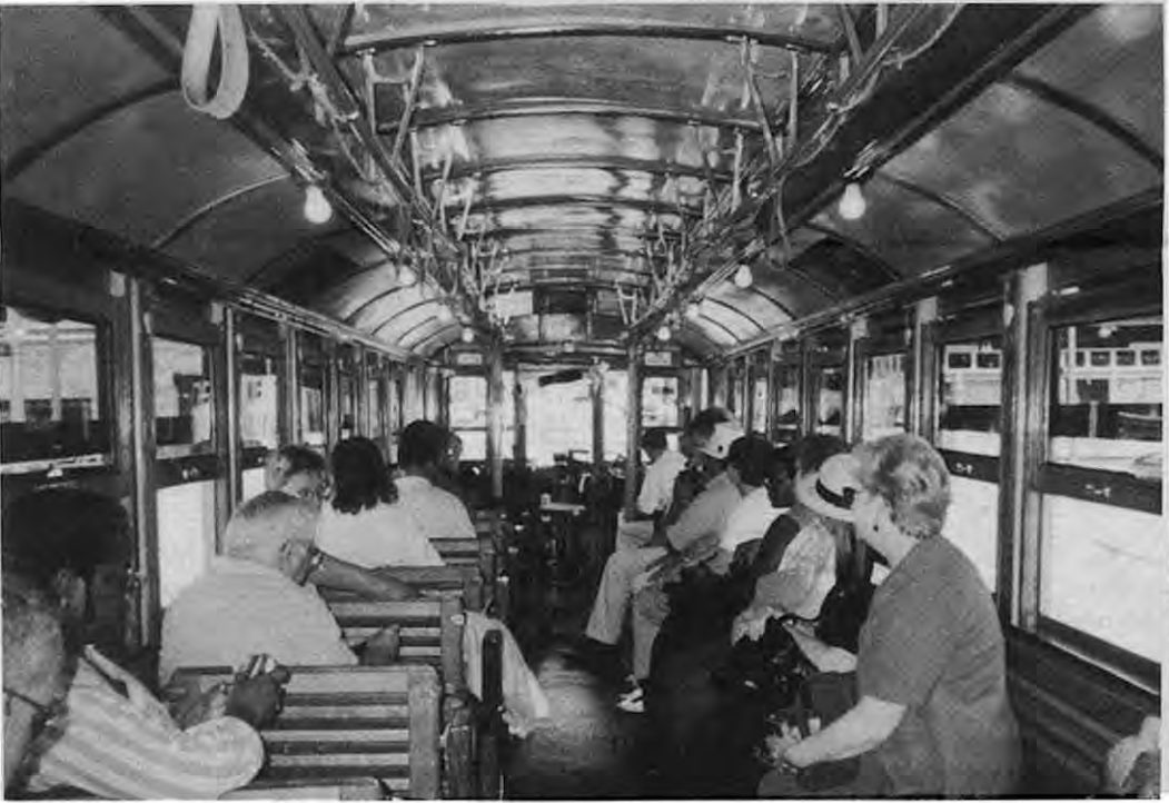 St.Louis tour participants ride restored Memphis trolley. Photographer not credited.