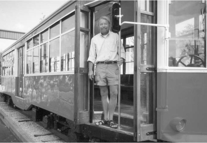 Joe Edwards boards one of two renovated trolley cars at Great Trolley Drop. Photographer not credited.