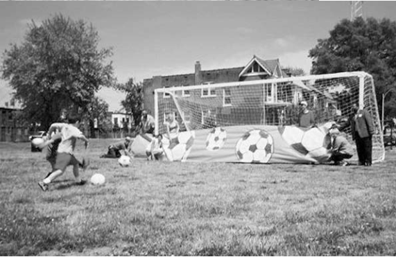 Soccer goal and activities at Lucier Park. Photographer not credited.
