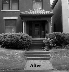 Front yard after restoration of original slope. Photographer not credited.