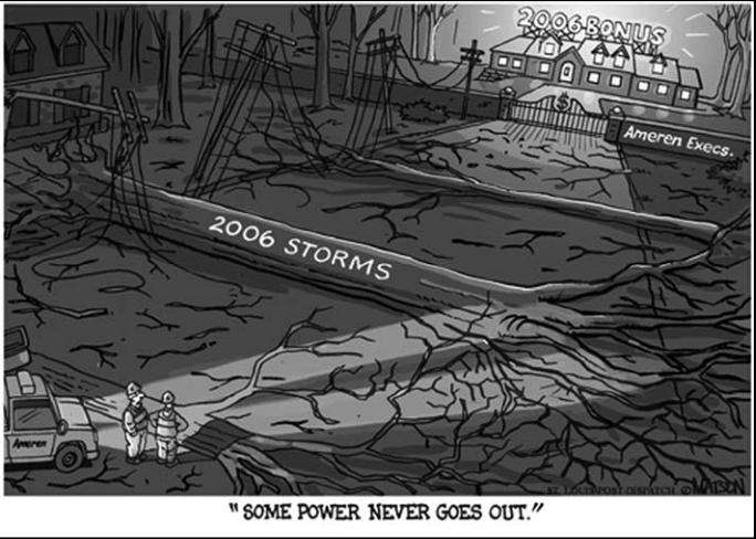 Some power never goes out — R. J. Matson cartoon juxtaposing 2006 storms and Ameren executive bonuses.
