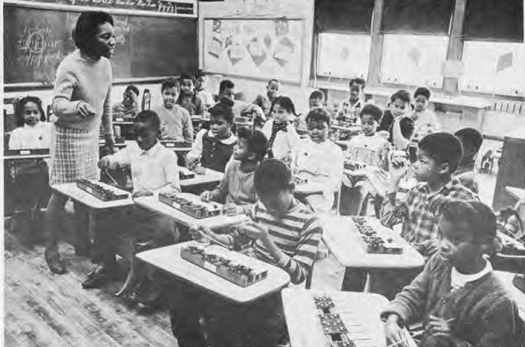 Primary children are “ringing the chimes” in Mrs. Dolores Registers’ class at Hamilton School. The children in Room 119 have formed a xylophone band and plan to present several numbers at an upcoming parent meeting.