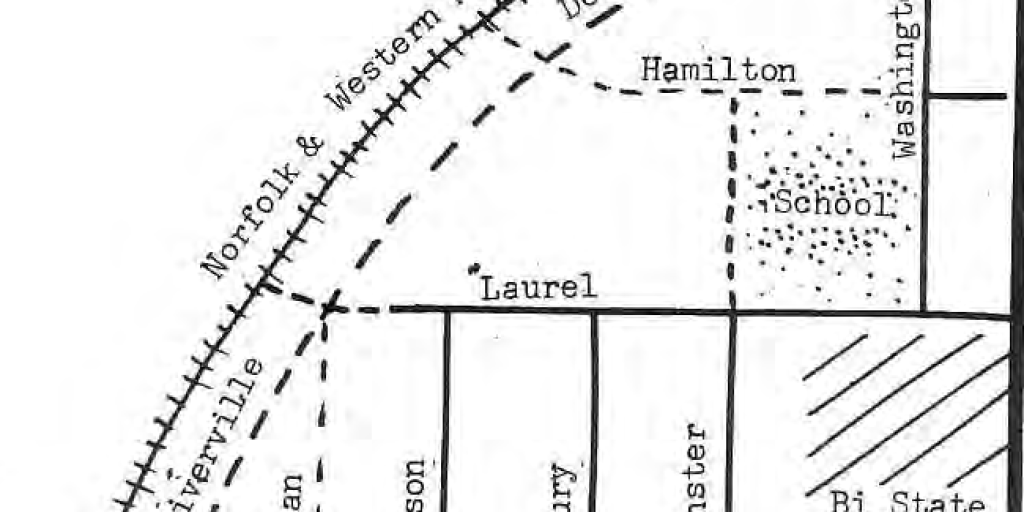 Original printed triangle-area redevelopment diagram with street labels; a historical illustration, not a newly drawn boundary.