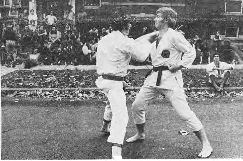 Students demonstrating karate at a Pershing and Waterman block party, photographed by Bob Moore.