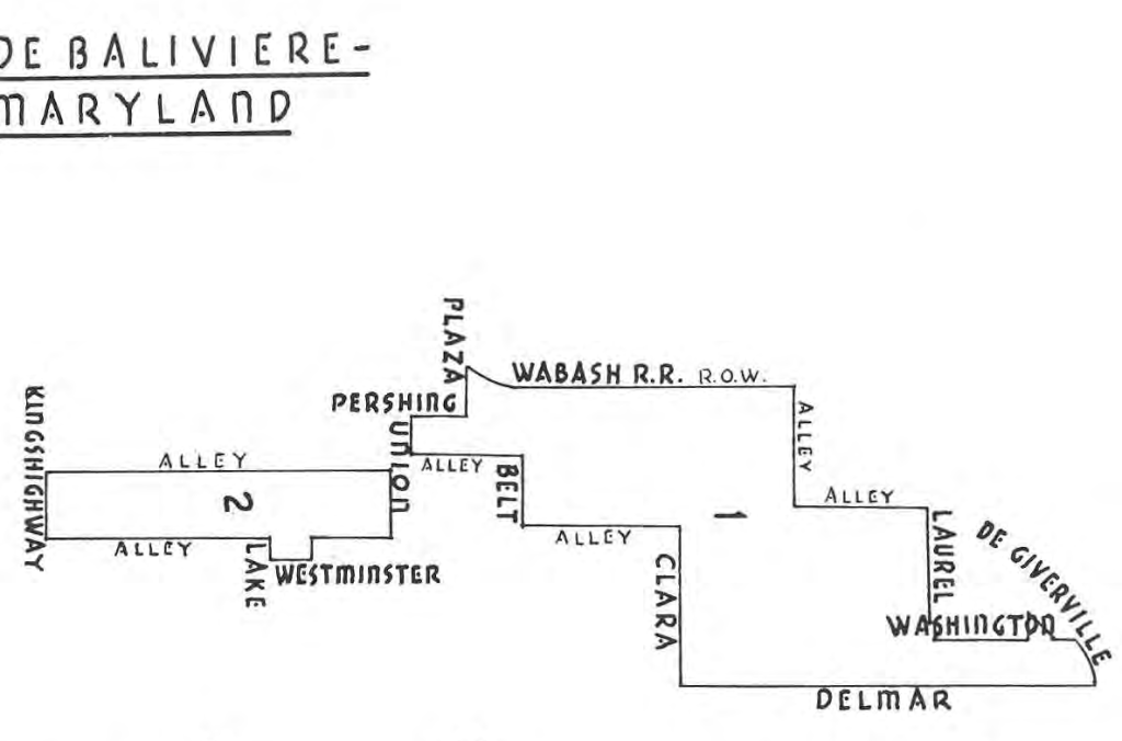 The original DeBaliviere–Maryland schematic, including Delmar, the Wabash railroad right-of-way and surrounding streets.