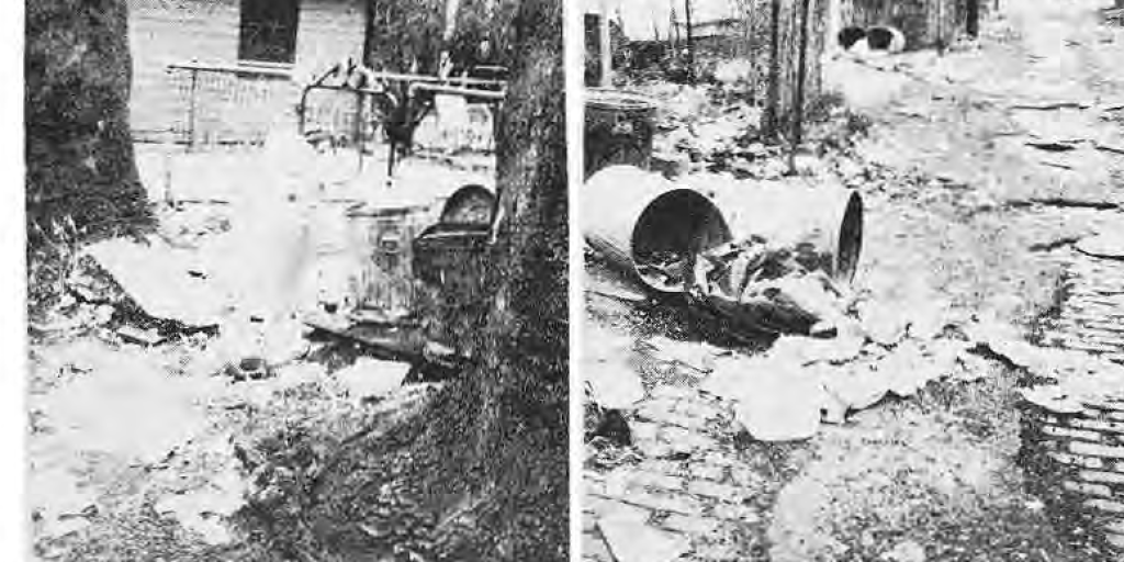 Two original newspaper photographs showing discarded containers and debris in an alley.