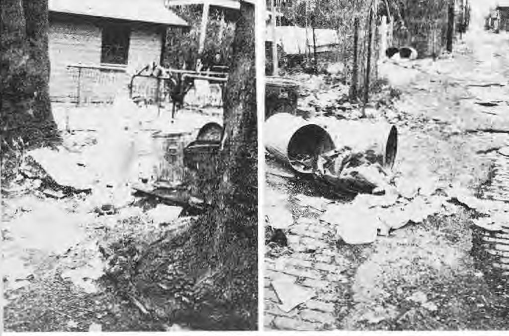 Two original newspaper photographs showing discarded containers and debris in an alley.