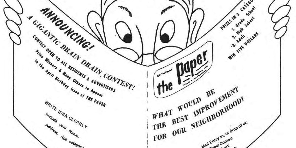 Original illustrated Brain Drain Contest announcement asking residents what would best improve the neighborhood.