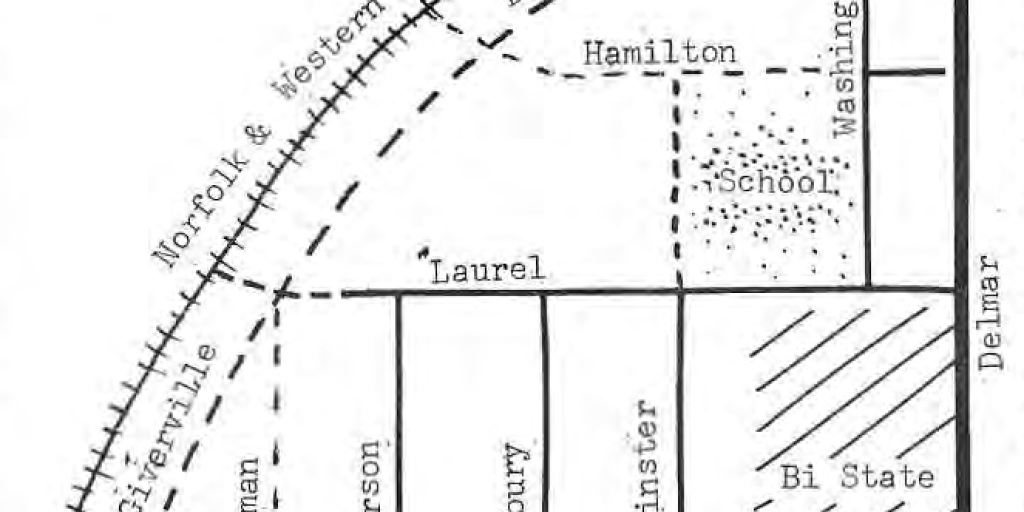 The original triangle-area schematic with streets, railroad, school, and solid/dashed bill-inclusion legend.