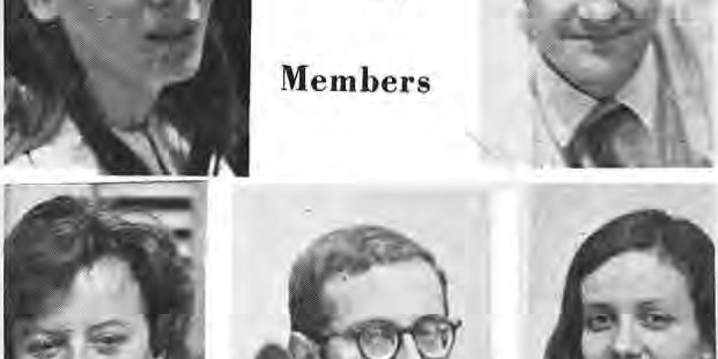 Original five-portrait New Board Members collage; the original caption identifies the pictured members and separately notes two who were not photographed.