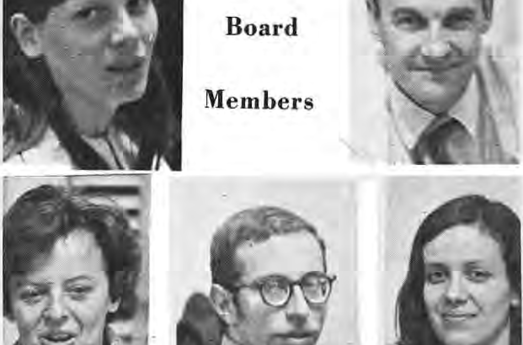 Original five-portrait New Board Members collage; the original caption identifies the pictured members and separately notes two who were not photographed.